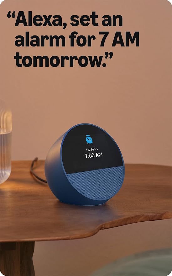 Amazon Echo Spot (modelo más reciente): ideal para mesitas de noche, oficinas y cocinas, incluye despertador inteligente con Alexa (azul marino)