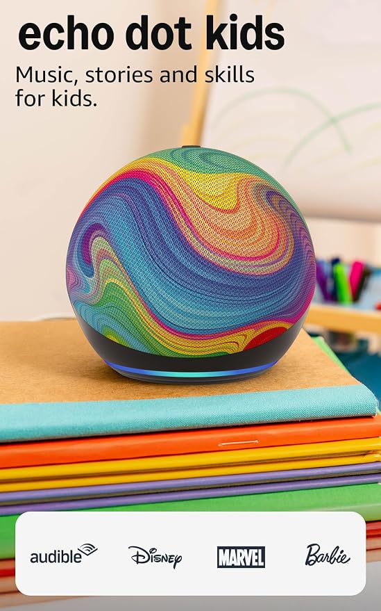 Amazon Echo Dot Kids (modelo más reciente) - Remolino arcoíris, con Echo Glow, altavoz inteligente y luz nocturna para niños, diseñado para Alexa +