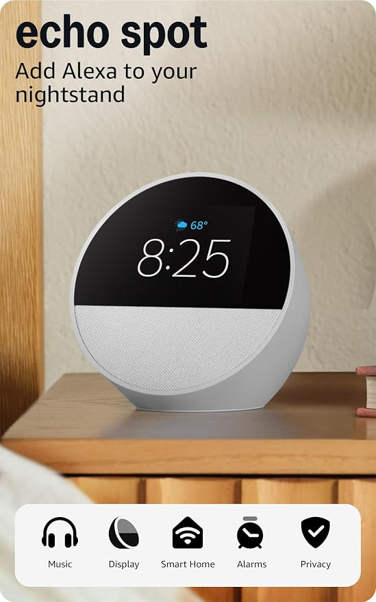 Amazon Echo Spot (modelo más reciente): ideal para mesitas de noche, oficinas y cocinas, incluye despertador inteligente con Alexa (blanco glaciar)