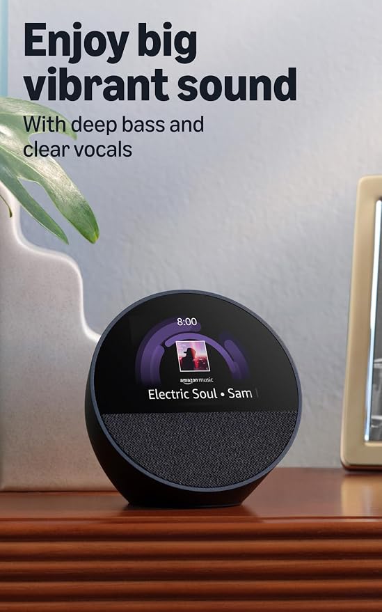 Amazon Echo Spot: ideal para mesitas de noche, oficinas y cocinas, incluye despertador inteligente con Alexa (negro)