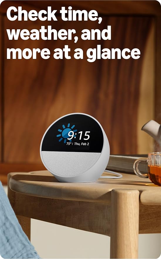 Amazon Echo Spot (modelo más reciente): ideal para mesitas de noche, oficinas y cocinas, incluye despertador inteligente con Alexa (blanco glaciar)