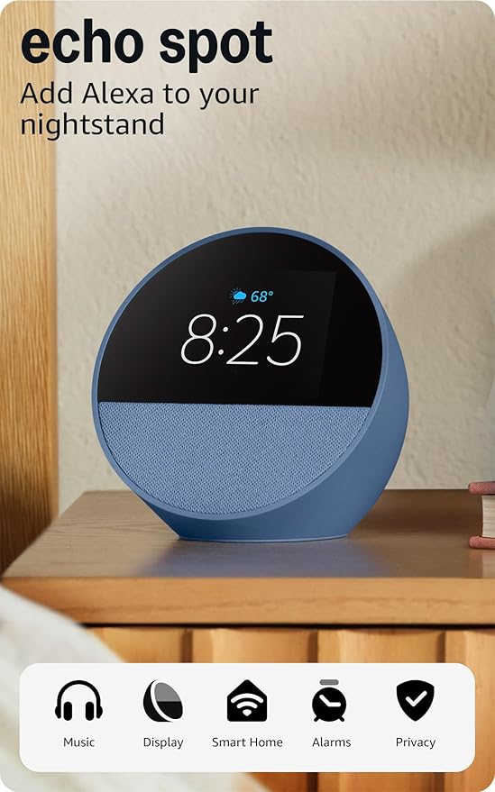 Amazon Echo Spot (modelo más reciente): ideal para mesitas de noche, oficinas y cocinas, incluye despertador inteligente con Alexa (azul marino)