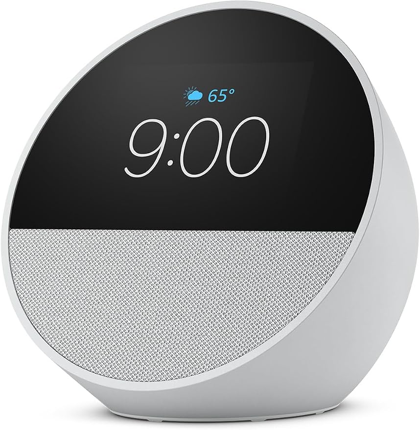 Amazon Echo Spot (modelo más reciente): ideal para mesitas de noche, oficinas y cocinas, incluye despertador inteligente con Alexa (blanco glaciar)