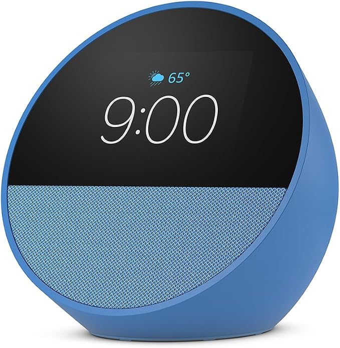Amazon Echo Spot (modelo más reciente): ideal para mesitas de noche, oficinas y cocinas, incluye despertador inteligente con Alexa (azul marino)